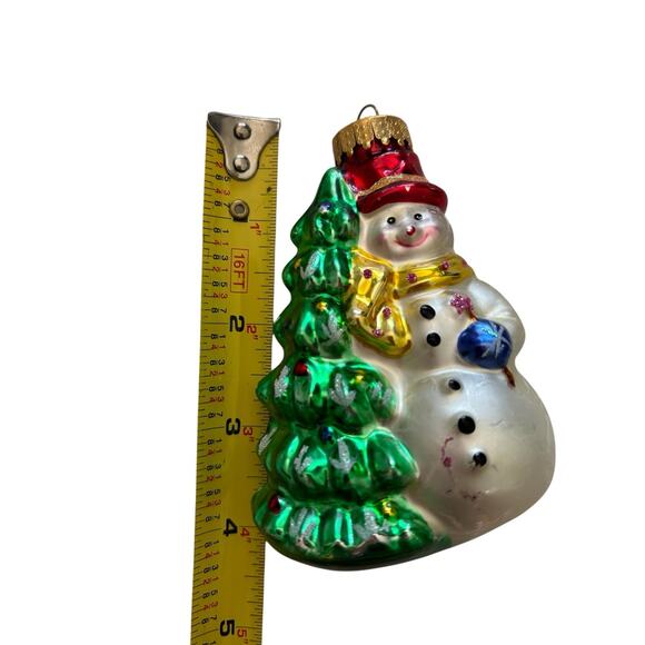 Vintage Blown Glass Snowman next to Christmas Tree Ornament 4” - Picture 3 of 9